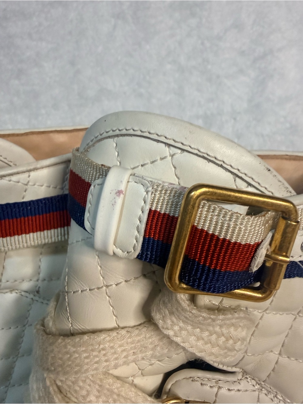Gucci White Quilted Lace-Up Platform Ankle Boots with Red and Blue Stripe - Picture 8 of 16